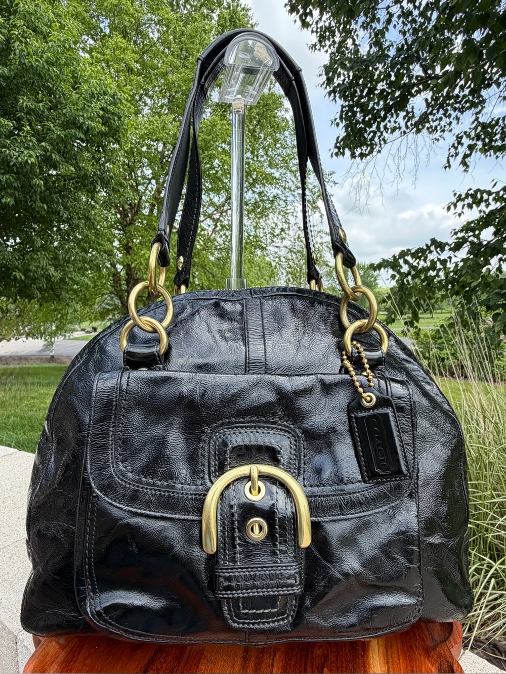 Coach Soho Courtney Domed Satchel Black Crinkled Patent Leather
